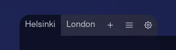 The tabs on top of the main panel, shows tabs for Helsinki, London, adding a new location, editing the location list, and settings